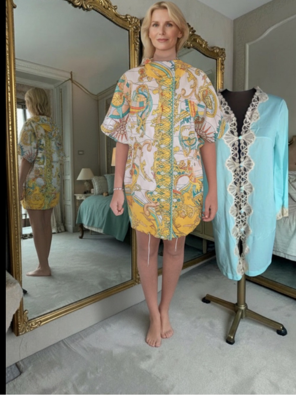 Emilio Pucci Yellow, White & Turquoise Baroque Print Short Dress